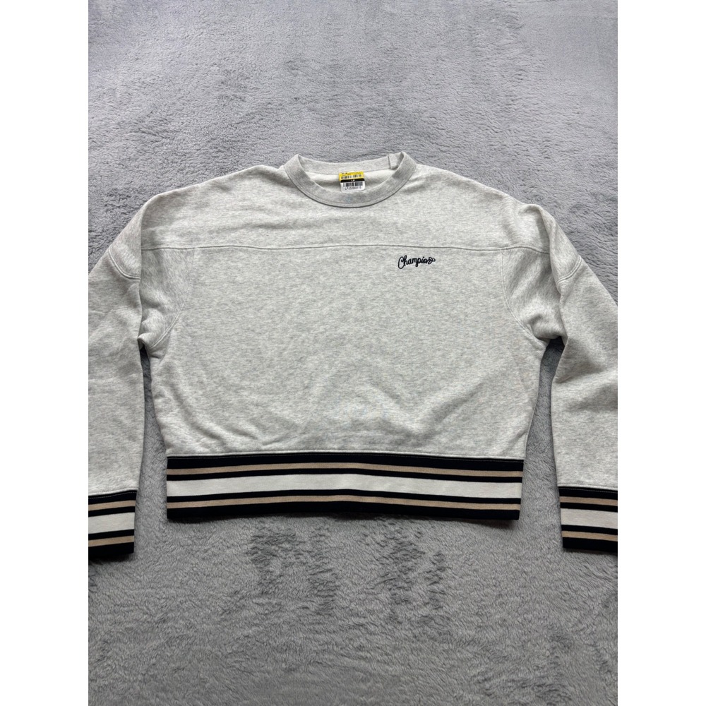 Champion Womens Medium Grey Cropped Crewneck Sweatshirt Striped Trim Gold Black